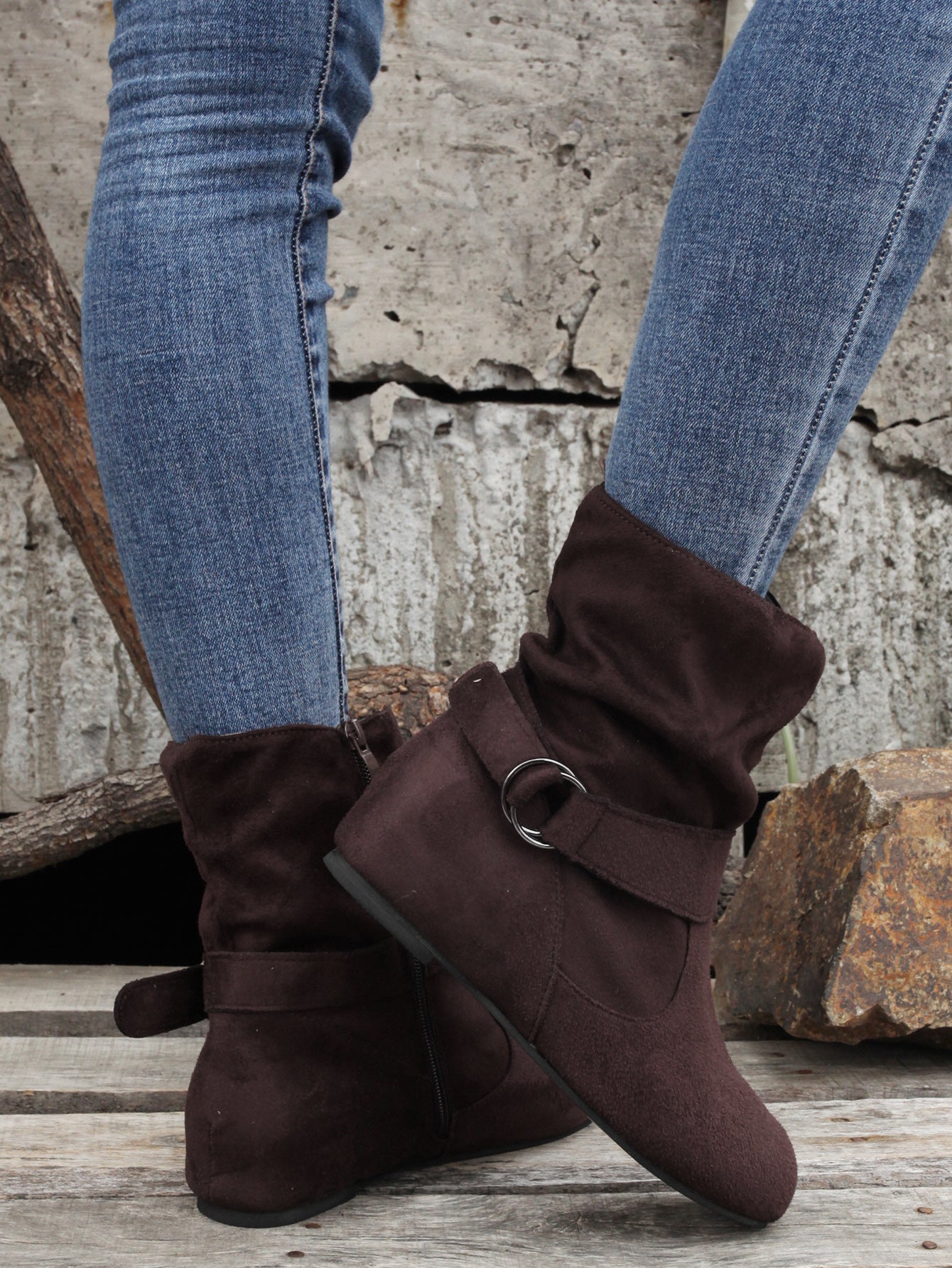 Ankle Boots  Round Toe Buckle Belt Side Zipper Boots