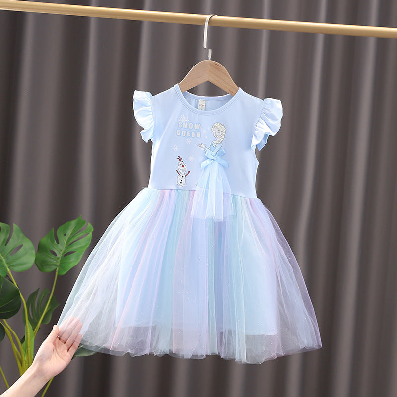 Girls' Summer Frozen Dress with Puff Skirt and Sleeves