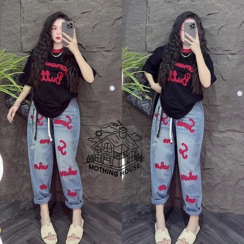 New Letter Printing Short-sleeved Milk Silk Wide-leg Pants Two-piece Set