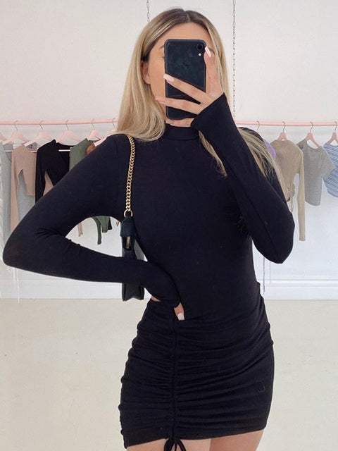 Black Turtleneck Rushed Bodycon Mini Dress for Women