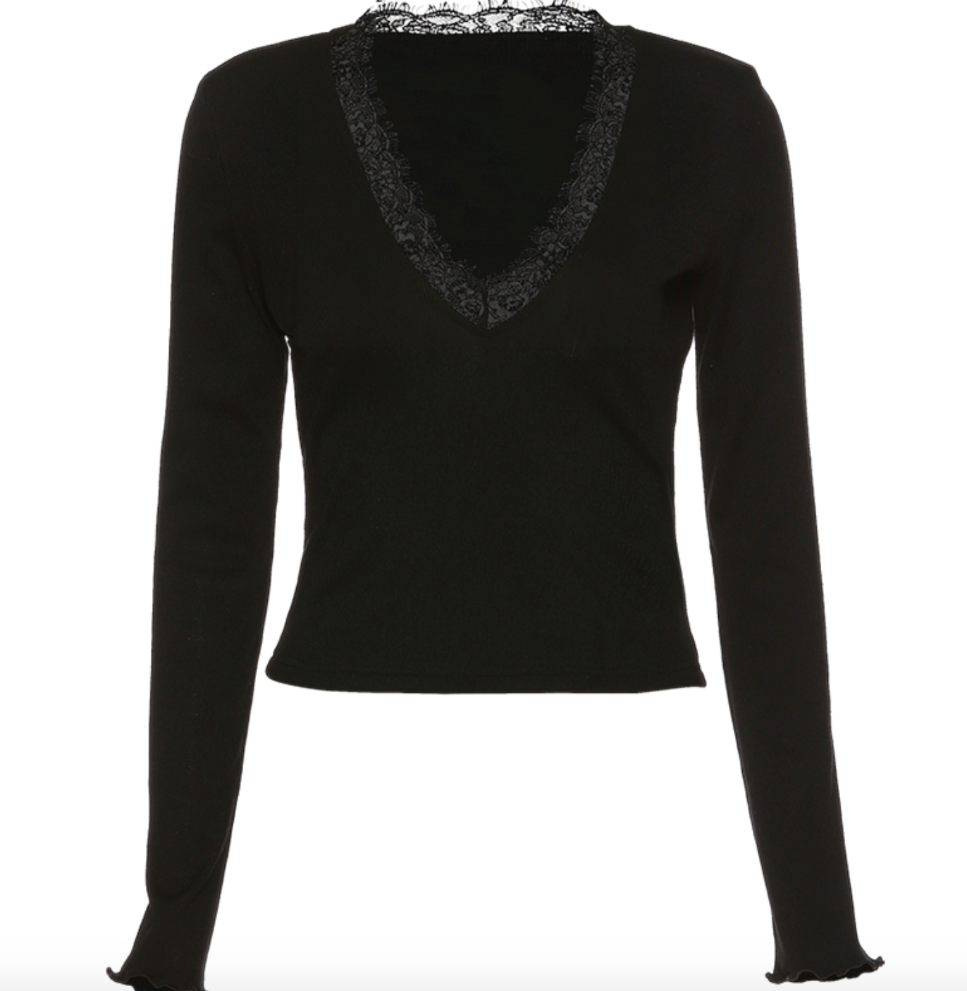 Black Slim Fit V-Neck Lace Trim Long Sleeve Top