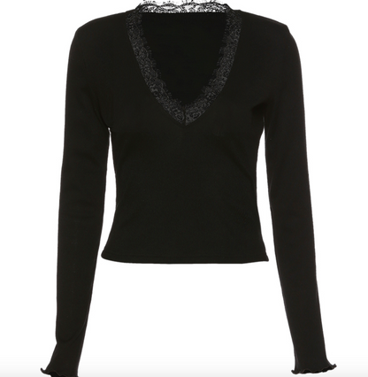 Black Slim Fit V-Neck Lace Trim Long Sleeve Top