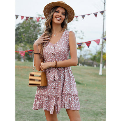 Summer V-Neck Button Sleeveless Dress with Ruffle Hem