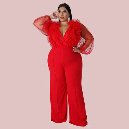 Plus Size Mesh Jumpsuit with Ruffles and Deep V Neck