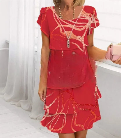 Chiffon Summer Short Sleeve O-Neck Print Loose Party Dresses