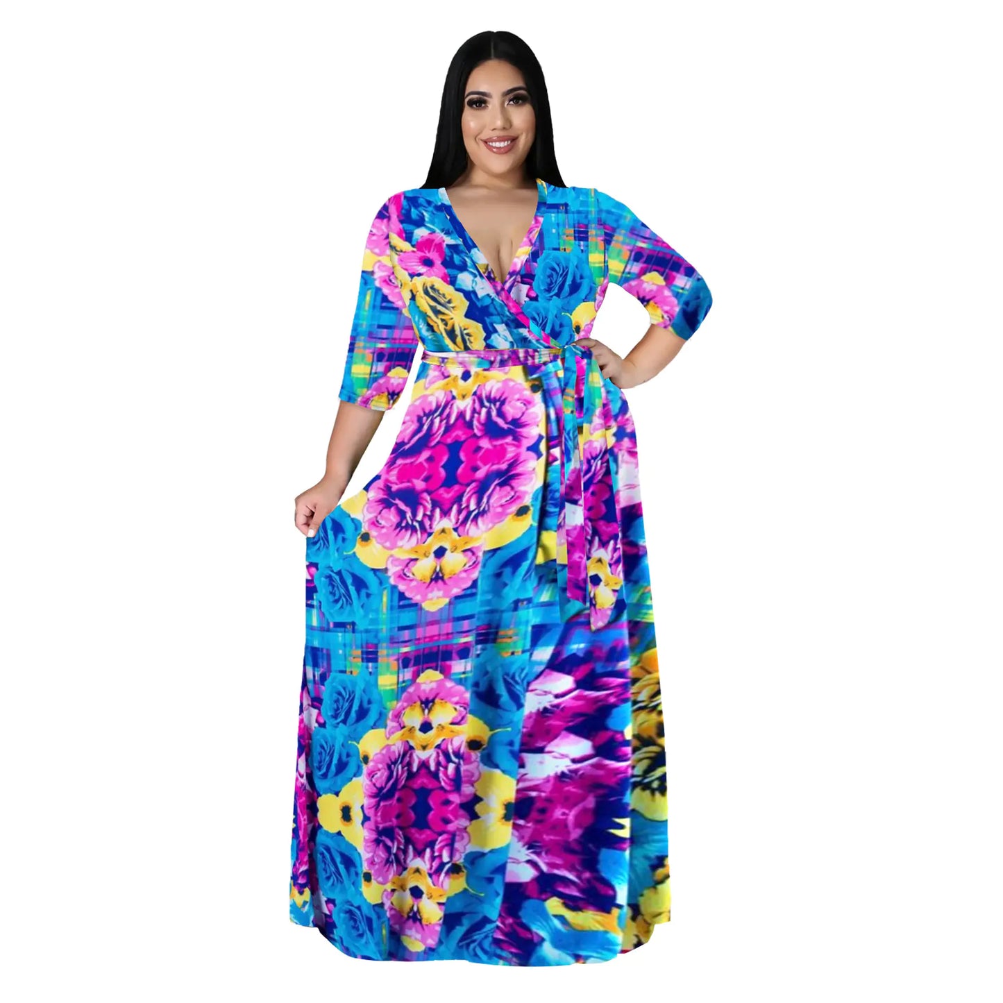 Women's Plus Size V-Neck Print Dress for Spring & Autumn