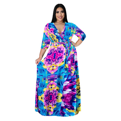 Women's Plus Size V-Neck Print Dress for Spring & Autumn