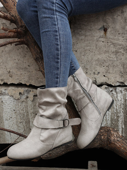 Ankle Boots  Round Toe Buckle Belt Side Zipper Boots