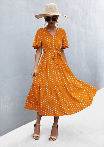 Women's V-Neck Polka Dot Floral Tie Dress