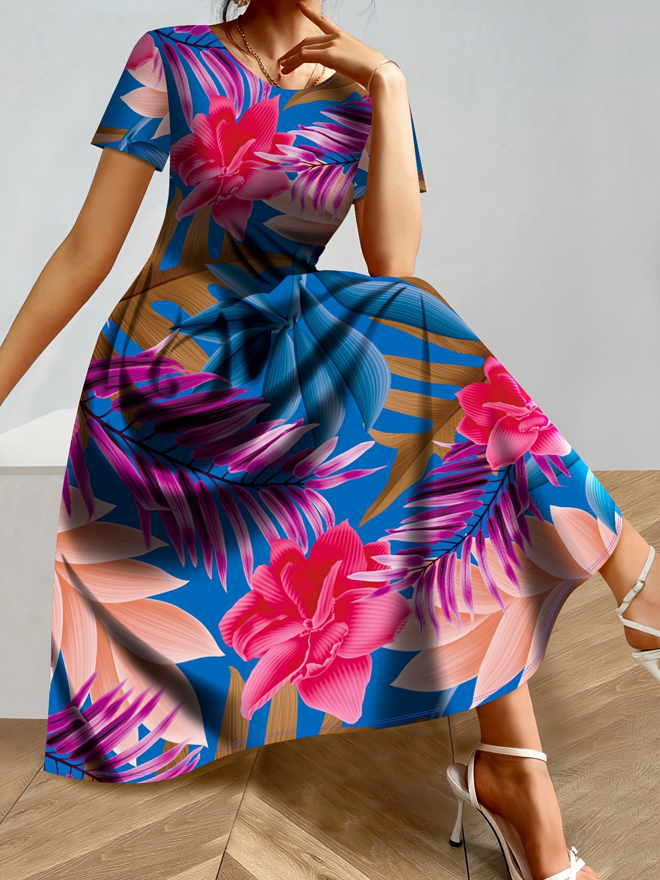 Women's Tropical Floral Print A-Line Maxi Dress