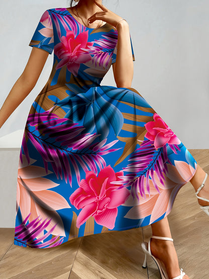 Women's Tropical Floral Print A-Line Maxi Dress