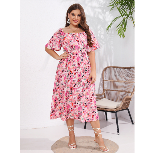 Plus Size Women's Floral Square Neck Tea Dress