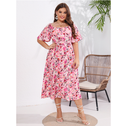 Plus Size Women's Floral Square Neck Tea Dress