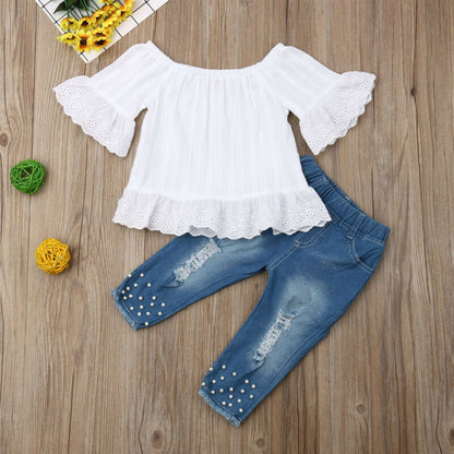Girls' Ruffle Sleeve Off-Shoulder Top and Denim Pants