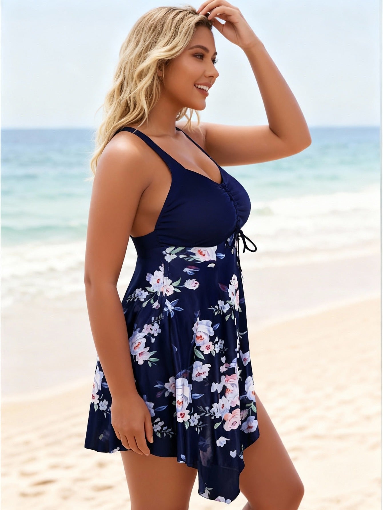 Navy Blue Floral One-Piece Swimsuit Large Size