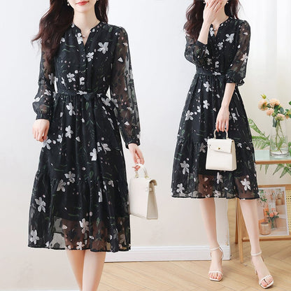 French Style Floral Chiffon Dress for Women