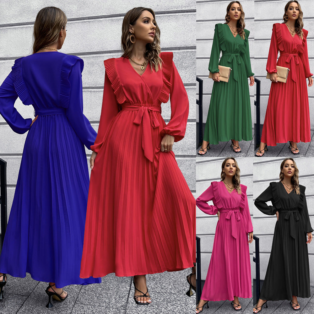 Autumn Winter Women's V-Neck Pleated Dress