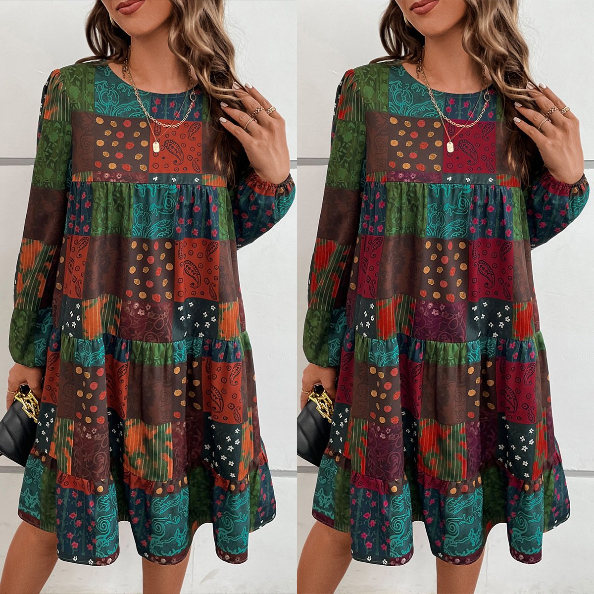 Round Neck Casual Long Sleeve A-Line Printed Dress