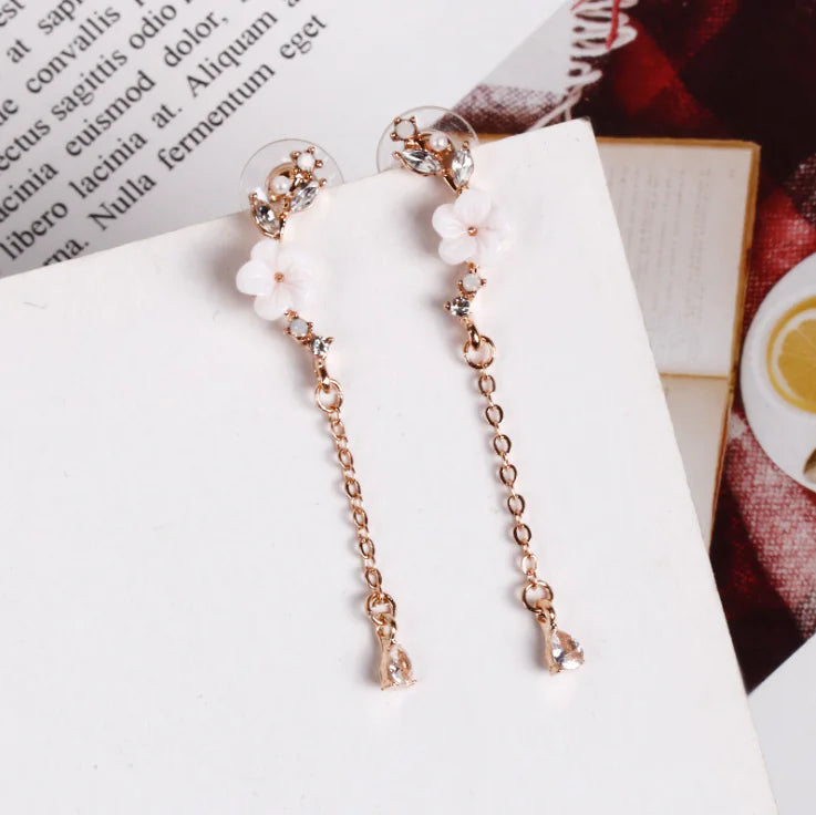 Long Rhinestone Snowflake Earrings with 925 Silver Pins