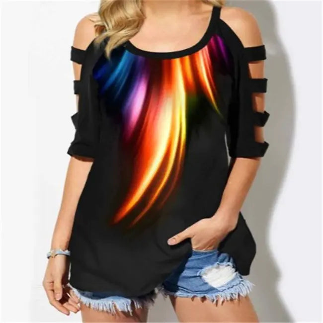 Colorful Off-Shoulder Short Sleeve Women's T-Shirt