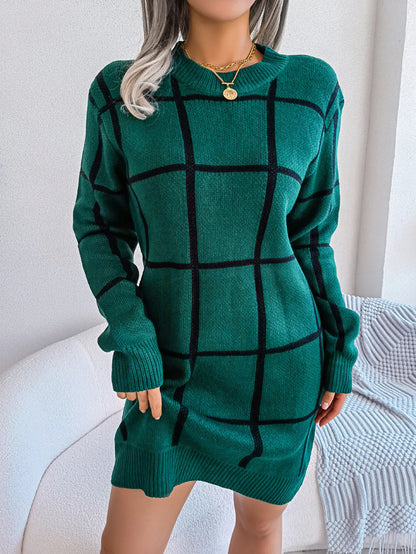 Casual Color-Contrast Plaid Long Sleeve Sweater Dress