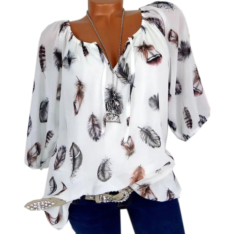 Loose Fit V-Neck Short Sleeve Feather Print Shirt