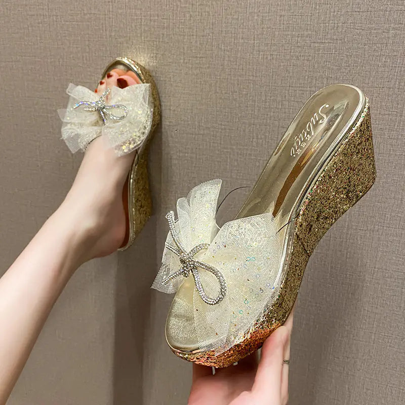 Wedge High Heel Platform Bow Rhinestone Sandals