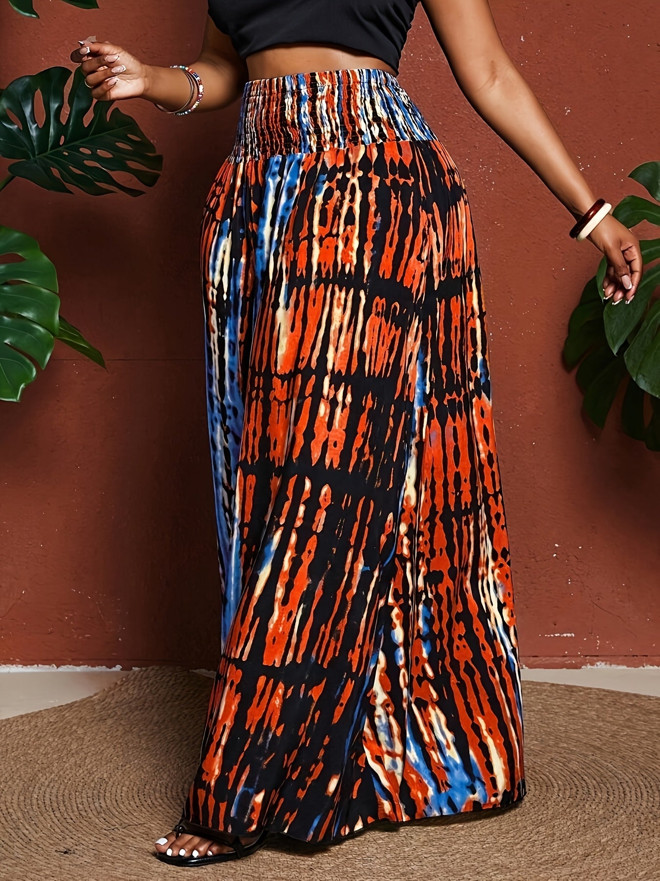 Plus Size Bohemian-style Tie-dye Print Elastic Drawstring Pants