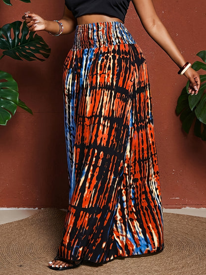 Plus Size Bohemian-style Tie-dye Print Elastic Drawstring Pants