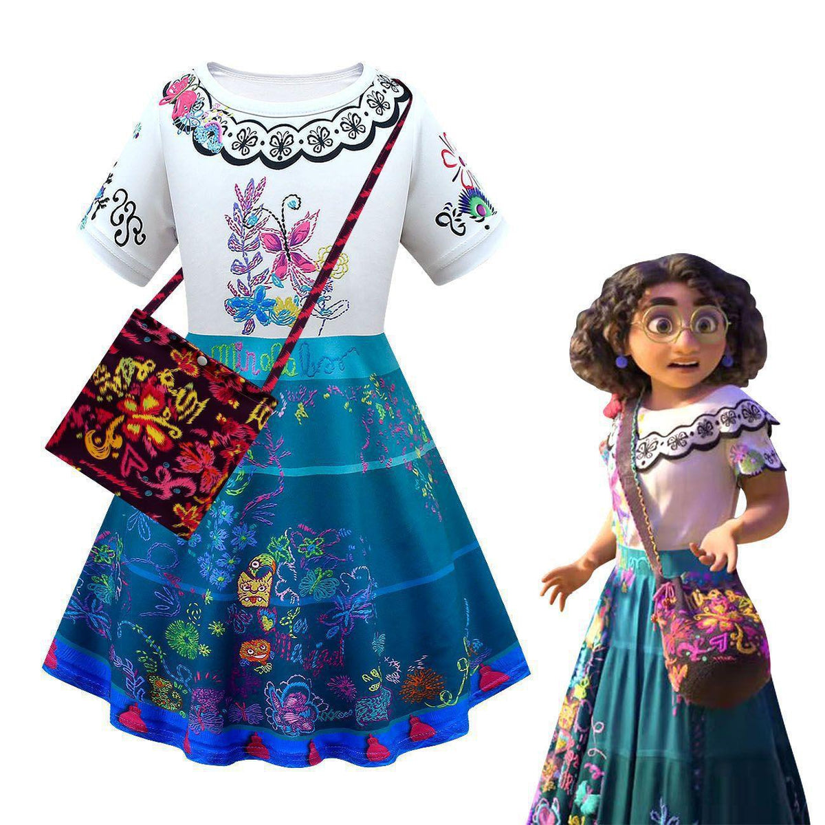 Encanto Style Girls Dress with Flutter Sleeves and Bag