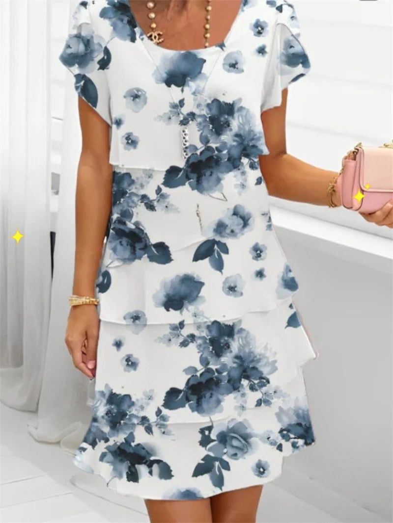 Chiffon Summer Short Sleeve O-Neck Print Loose Party Dresses