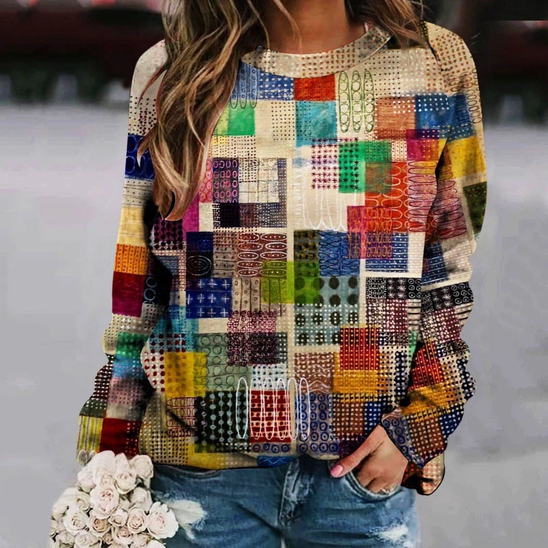 Printed Patchwork Round Neck Women's Long Sleeve Sweater