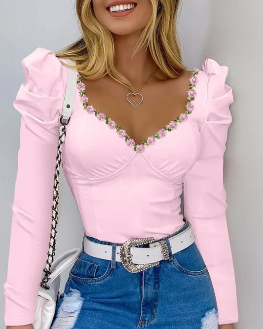 Sexy Fashion Floral Pattern Puff Sleeve Top Casual Shirts