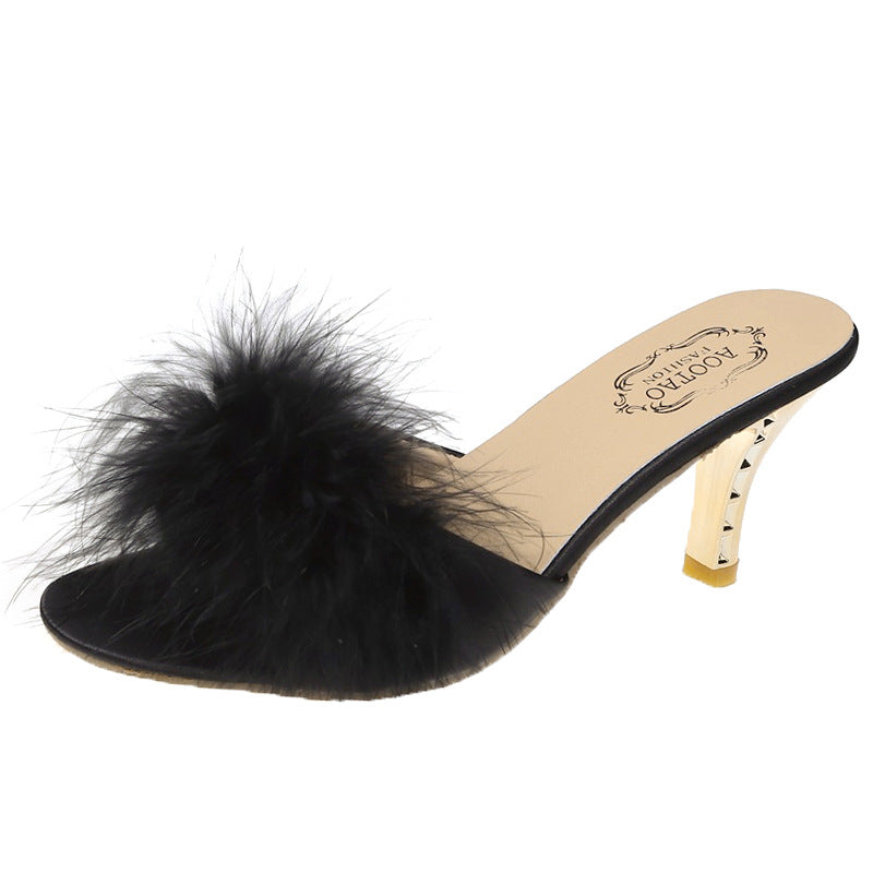 Ladies Plush High-Heeled Slippers and Sandals