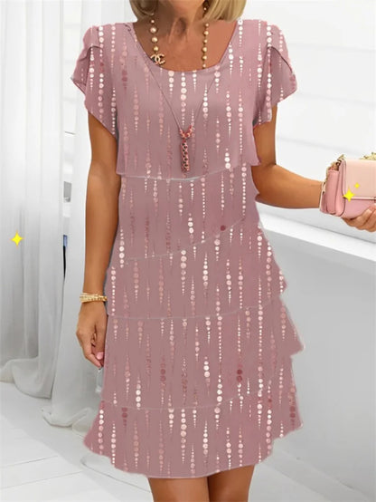 Chiffon Summer Short Sleeve O-Neck Print Loose Party Dresses