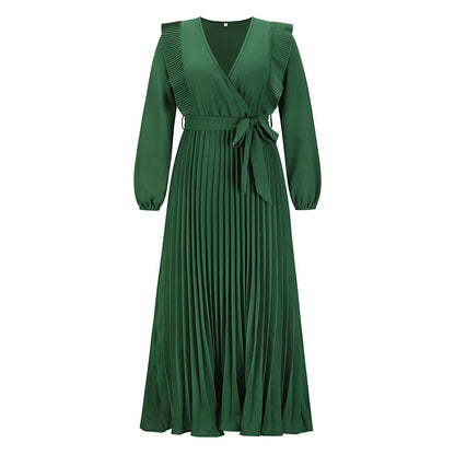 Autumn Winter Women's V-Neck Pleated Dress