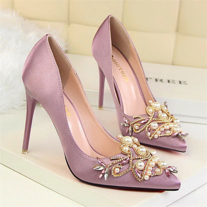 Elegant Satin Pointed-Toe High Heels with Pearls