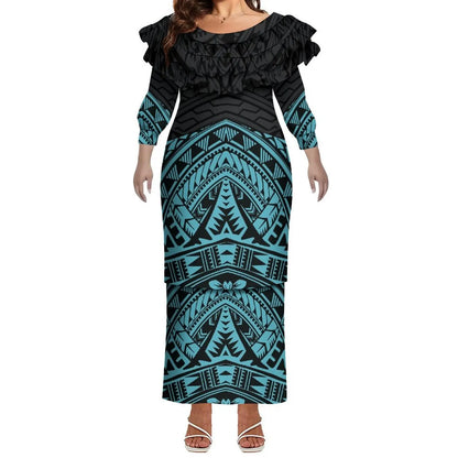 Plus Size Women Hawaiian Print Full Sleeve Long Dress