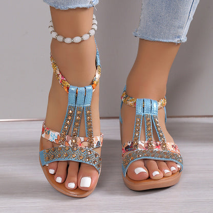 Summer Flat Rhinestone Open-Toe Sandals for Women