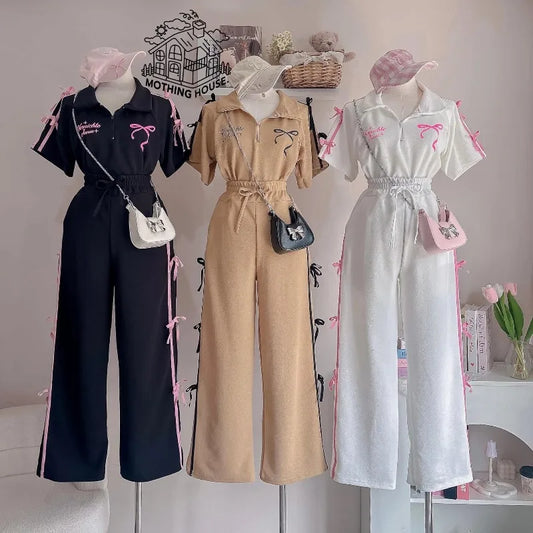 Sweet Suit Women's Bow-tie Printed POLO Shirt  Wide-leg Trousers Two-piece Set