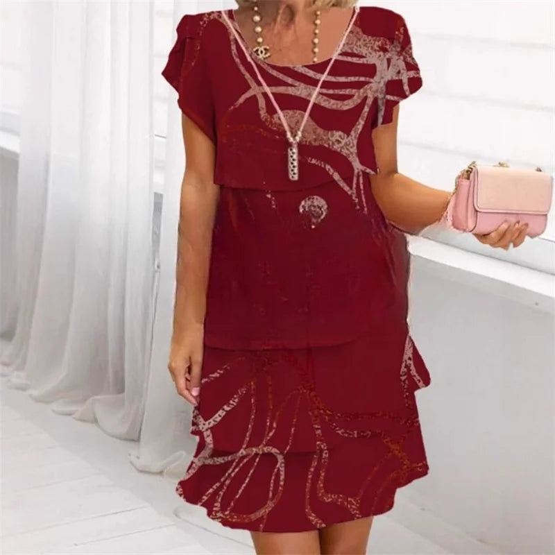 Chiffon Summer Short Sleeve O-Neck Print Loose Party Dresses