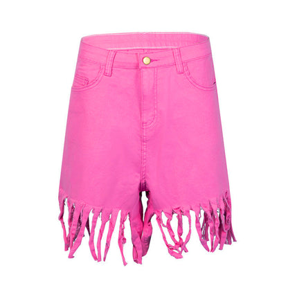 Fringed Women's Denim Shorts - Casual Straight-Leg Pants