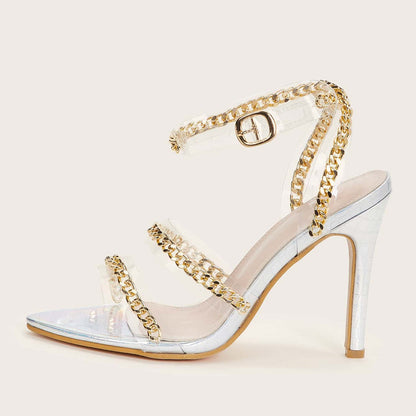 Pointed Toe Stiletto High Heel Sandals with Chain Vamp