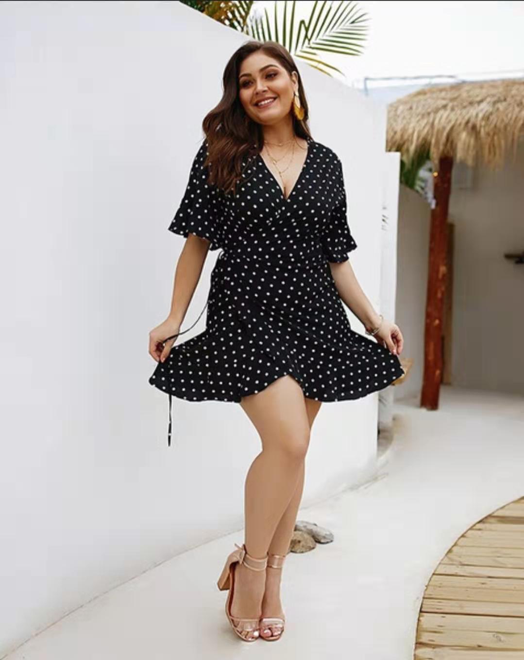 Women's  V-Neck Polka Dot Plus Size  Dress