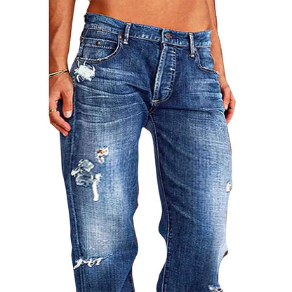 Women's Casual Mid-Waist Distressed Denim Pants