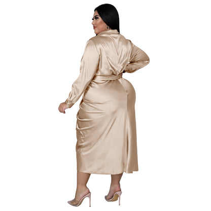 Elegant Plus Size Satin Ruched Long Sleeve Midi Dress