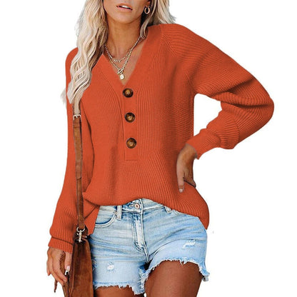 New Button Knitted V-Neck Sweater for Women