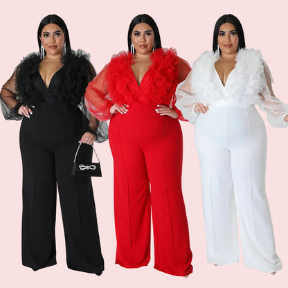 Plus Size Mesh Jumpsuit with Ruffles and Deep V Neck