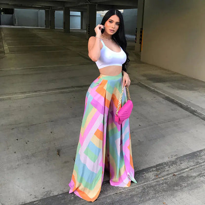 Plus Size Geometric Print Wide Leg High Rise Pants