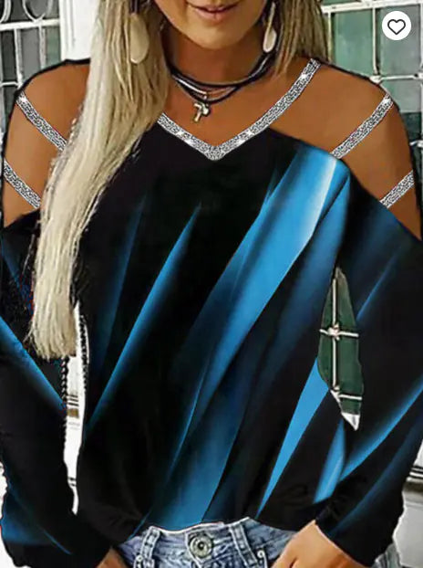 V-Neck Printed Long Sleeve Casual Top for Women